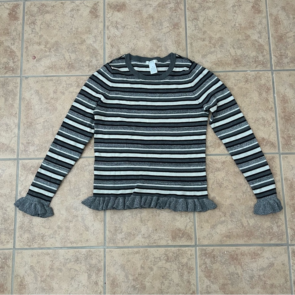 Striped Gray Ruffle Hem Sweater